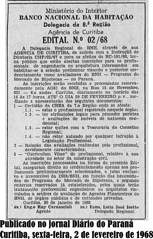 Edital para credenciamento de avaliadores do BNH no Paraná
