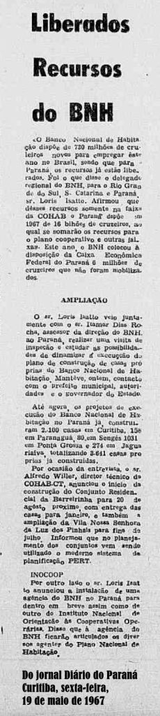 Notícia do Diário do Paraná, 19/05/1967, sobre liberação de verbas para o BNH, com entrevista de Lóris Isatto