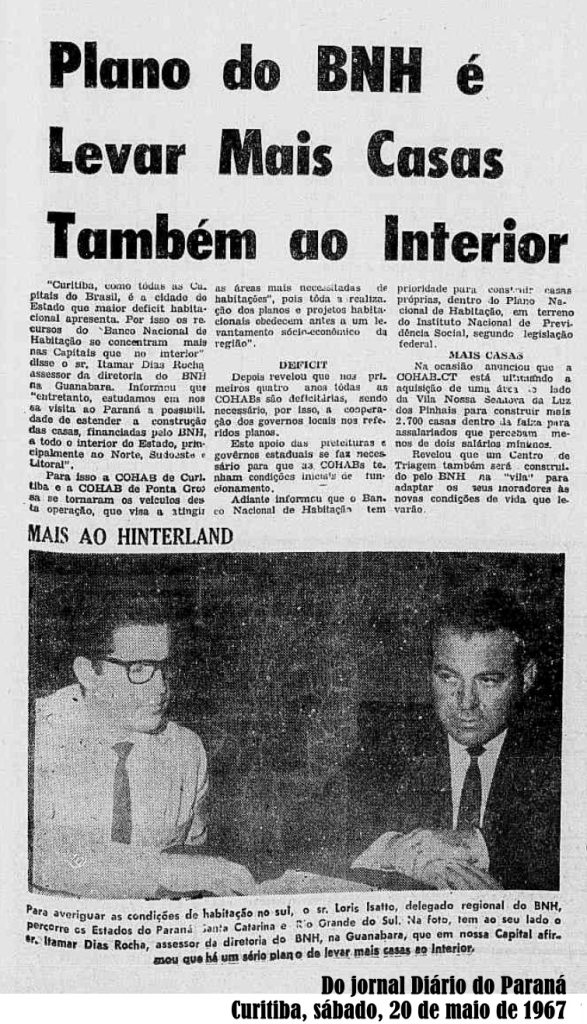 Notícia do Diário do Paraná, de 20/05/1967, sobre o plano do BNH é levar mais casas também a cidades do interior dos Estados