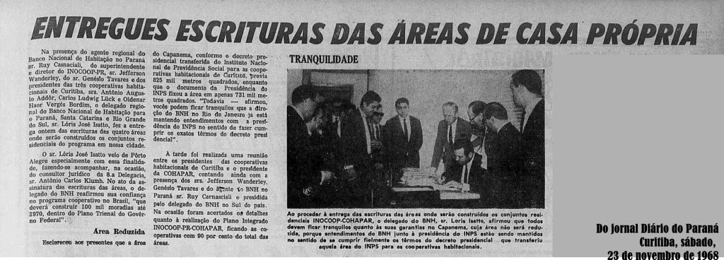 Publicação do jornal Diário do Paraná (23/11/1968, página 7) sobre entrega de escrituras de quatro áreas de conjuntos residenciais em Curitiba.